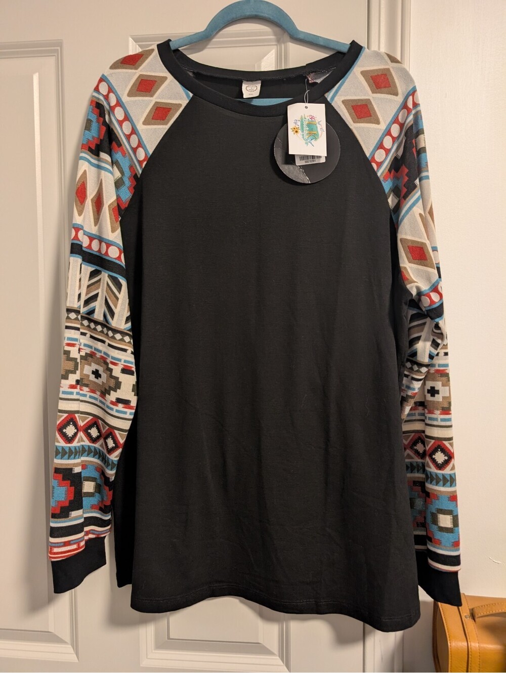 1563 - Sunshine and Rodeos Black Long Sleeve Shirt w/ Aztec Sleeves - 3XL
